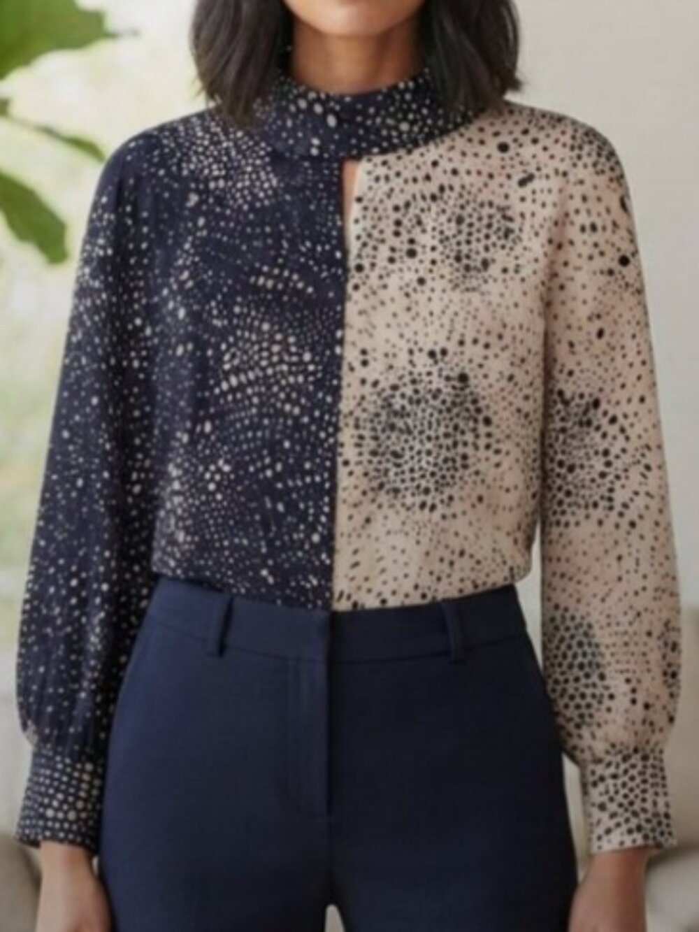 Lysse Navy Cream Two Tone Spot Print Tie Neck Blouse Size M